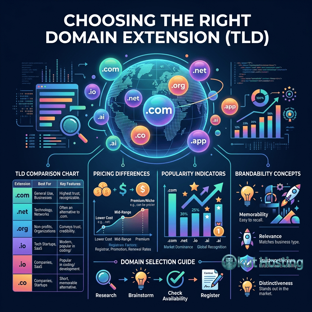 Domain Name Extensions - Choosing Between .com .io and .net - Featured Image